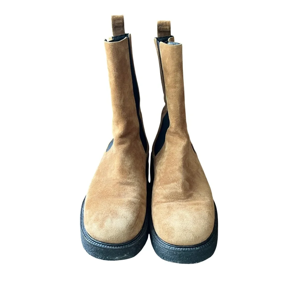 STAUD Palamino Suede Chelsea Boots BROWN/BLACK Mid-Calf Pull-On 38 US-8 Ladies